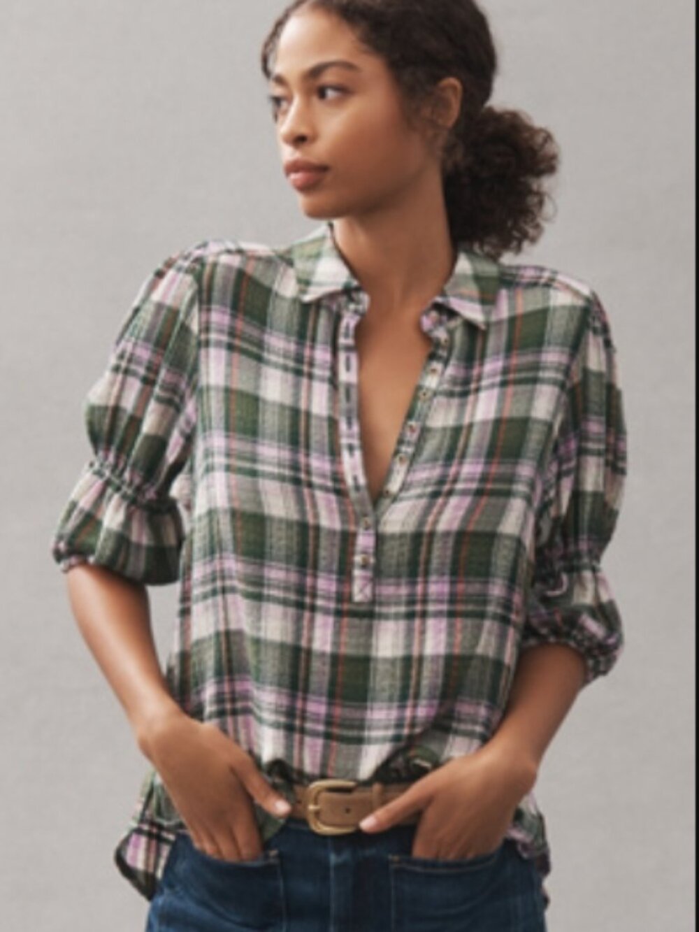 NWT Anthropologie Pilcro Tallulah Plaid Button-Front Puff Sleeve Shirt